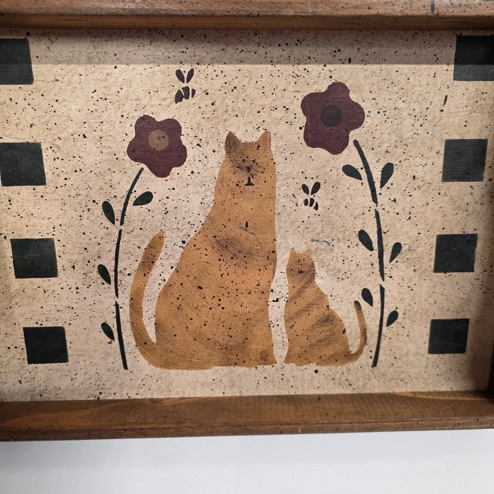 Vintage Primitive Folk Art Wooden Cat Serving Tray Farmhouse Decor Hand Painted